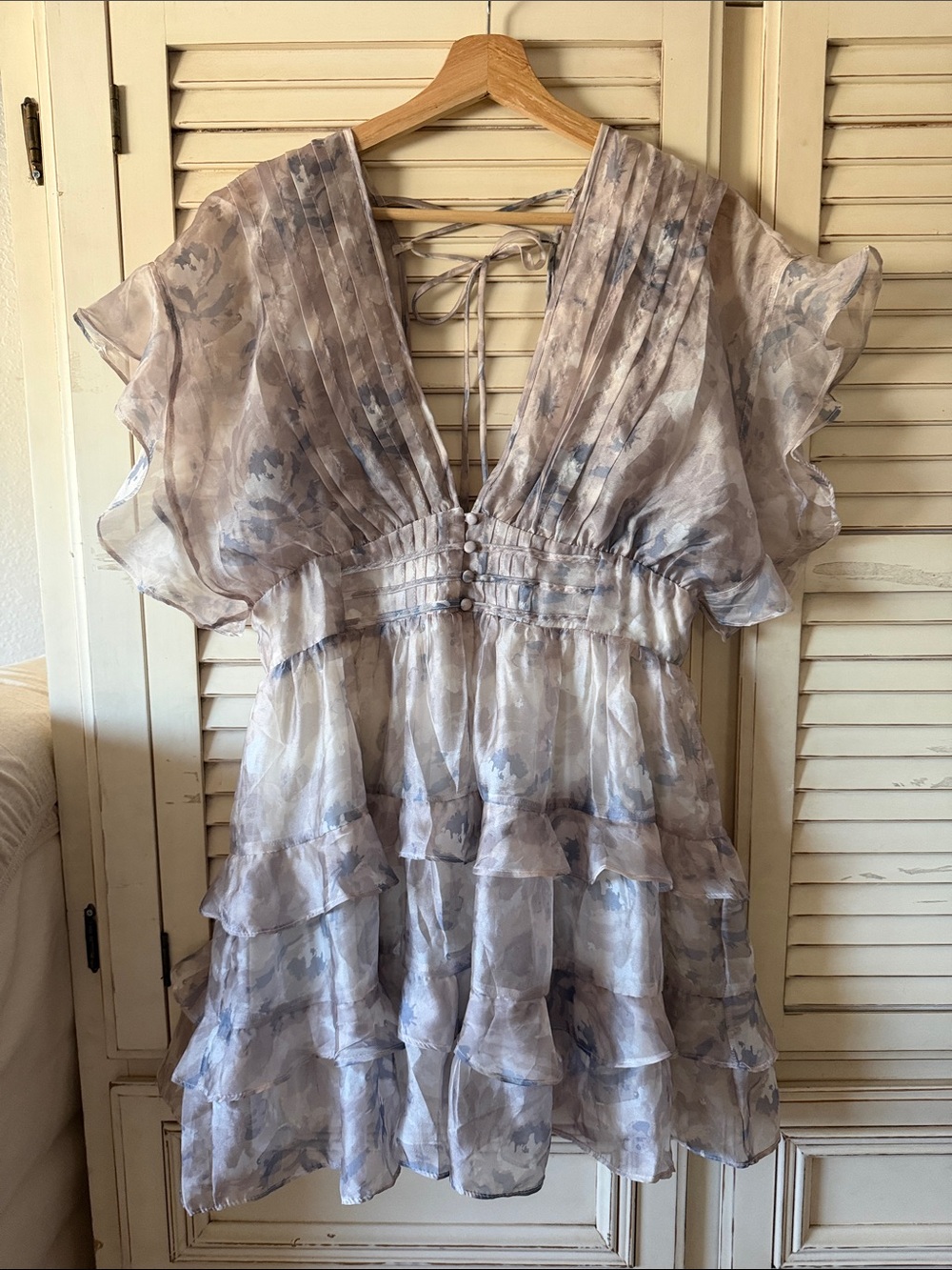 Anthropologie Sheer Ruffle Tiered Mini Dress in Pale Gray Blue